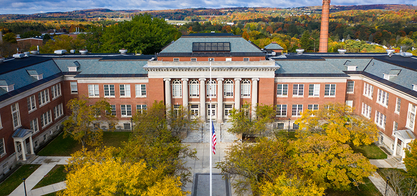 Aerial of Old Main from Miller Building in fall
