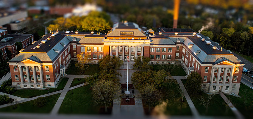 Aerial of Old Main in the morning