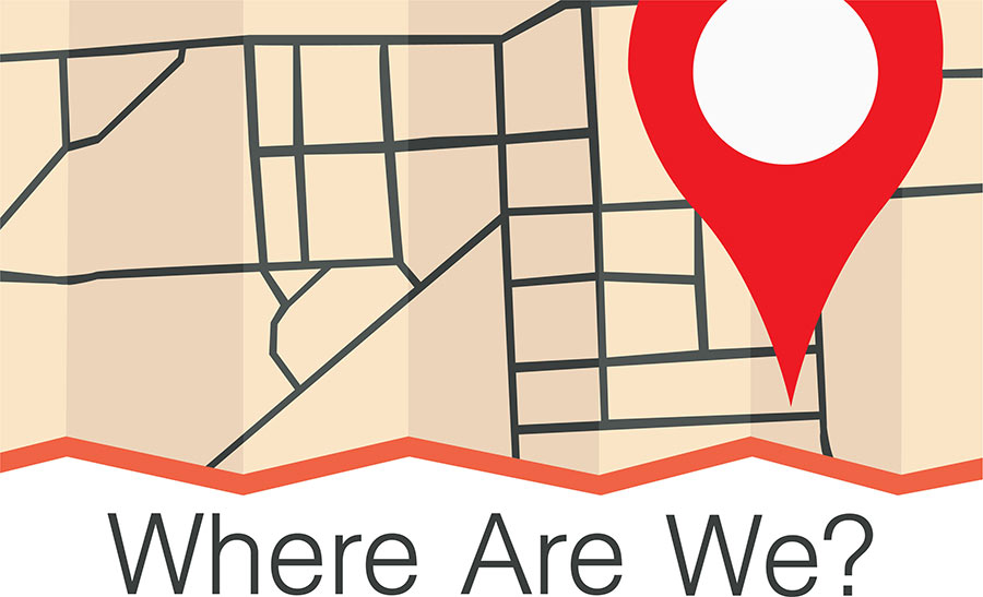 Image of map with red pin and text reading "Where are we?"