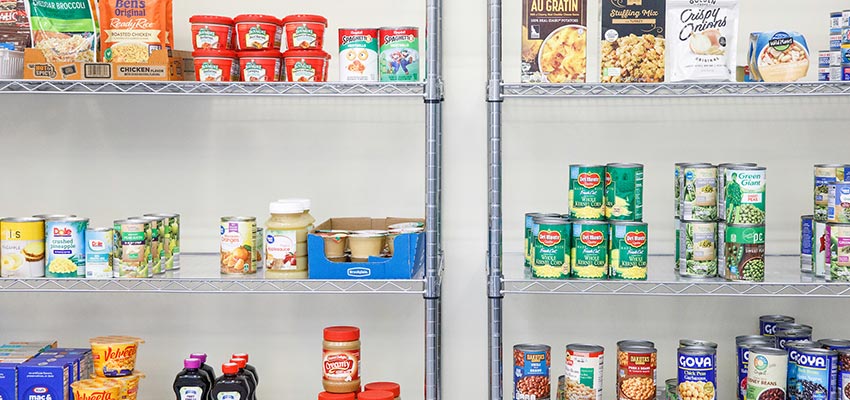Canned goods and other shelf-stable foods in the Cortland Cupboard pantry