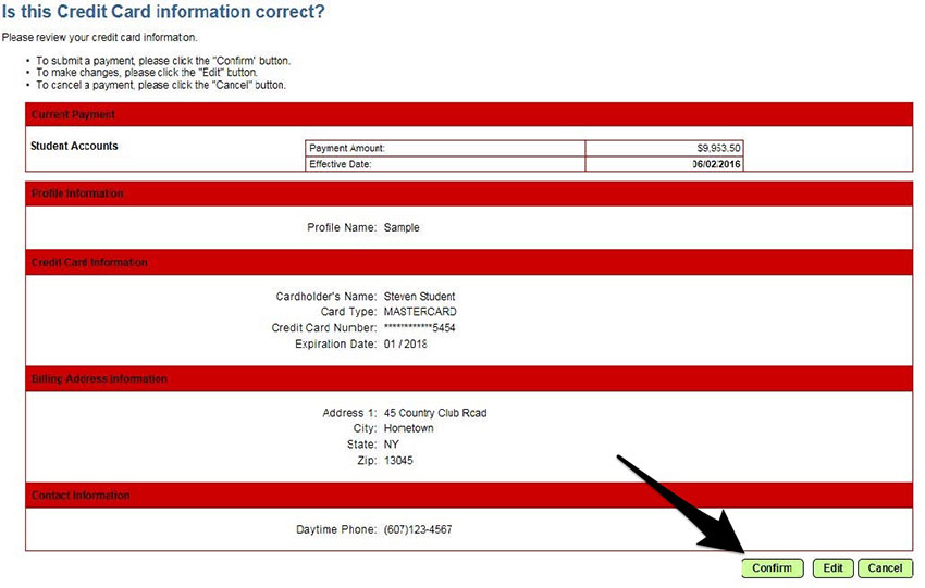 Screenshot of Credit Card information confirmation