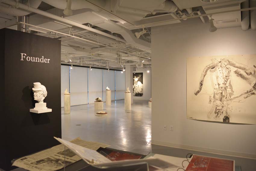A view into the central gallery featuring Andrew Ellis Johnson's works on paper and cultured marble sculptures as part of the 'Founder' exhibition.
