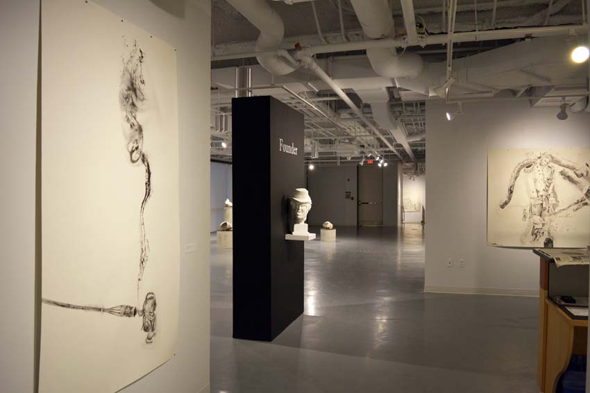 A view into the central gallery featuring Andrew Ellis Johnson's works on paper and cultured marble sculptures as part of the 'Founder' exhibition.