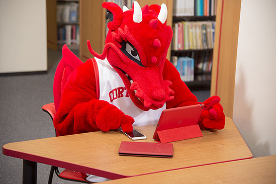 Blaze sits at a library table tapping a smart phone and reading from a tablet.
