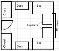 In a typical room layout, there is a closet, desk and bed on both sides of the room. There are two dressers in front of the window opposite the entry door, which swings inward.