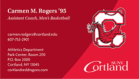 Business card samples with the same information as the ones previously shown, with the addition of the athletics logo or secondary mark placed above the SUNY Cortland logo