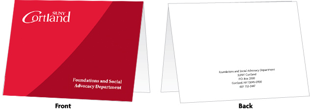 red notecard with SUNY Cortland logo at the top and sample office name at the bottom. The back is white with black text