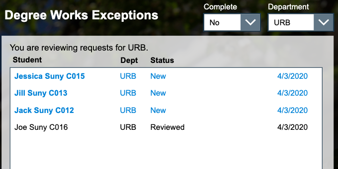 Degree Works Approval Screen Shot : Left Pane