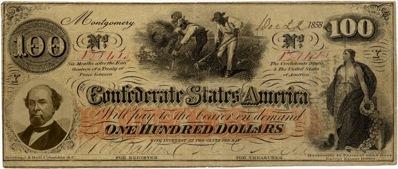 Confederate 100 dollar bill depicting slaves picking cotton
