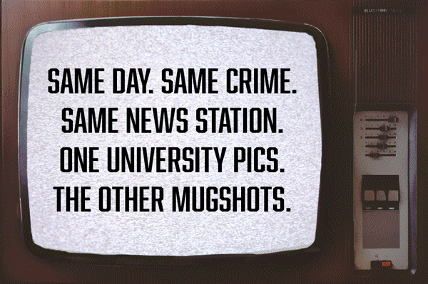 animation of a television showing screenshots of two news articles from the same site, same day, same crime, one with mug shots, the other university sport team photos in suits