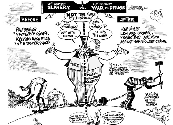 political cartoon noting the similarities between slavery and the war on drugs