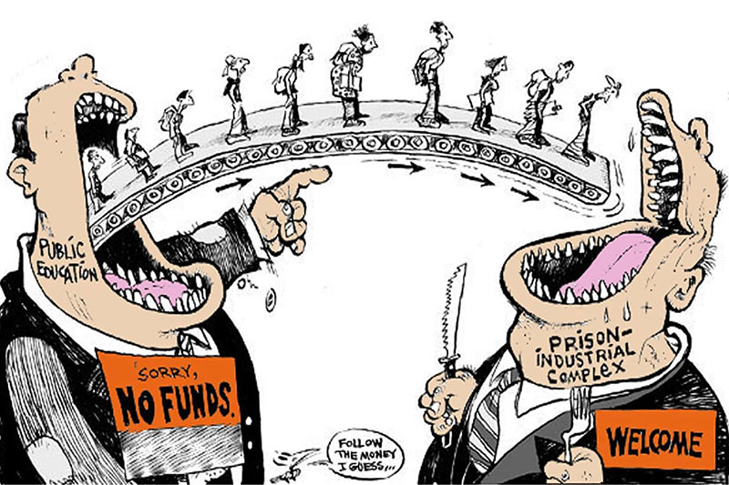 Political cartoon showing two large figures Prison Pipeline; the cartoon depicts a caricature of the public education system, labeled with a sign that says they have no funds, funneling students into a hungry Prison Industrial Complex.