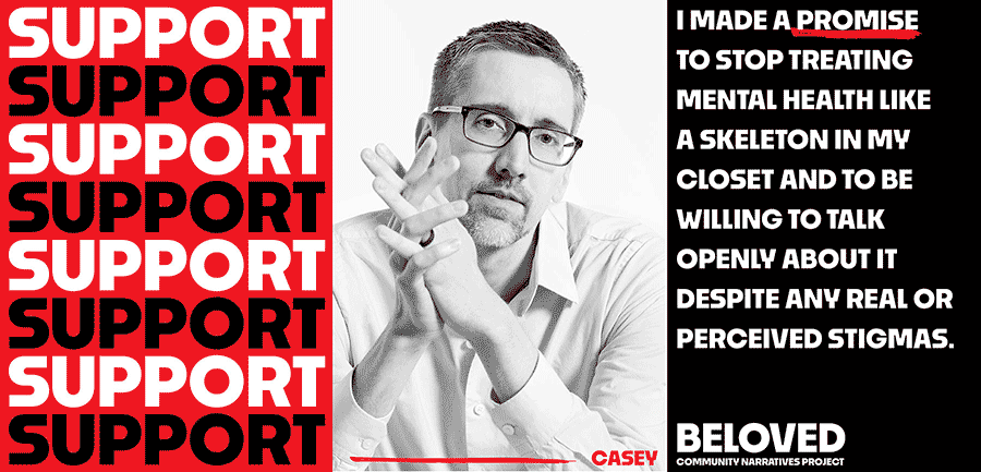 Support - portrait of Casey with an excerpt of his quote emphasizing 