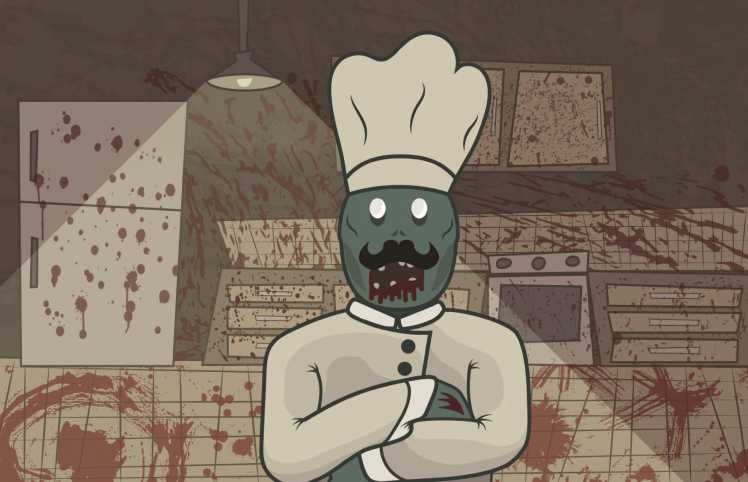 Artist depiction of zombie chef in kitchen