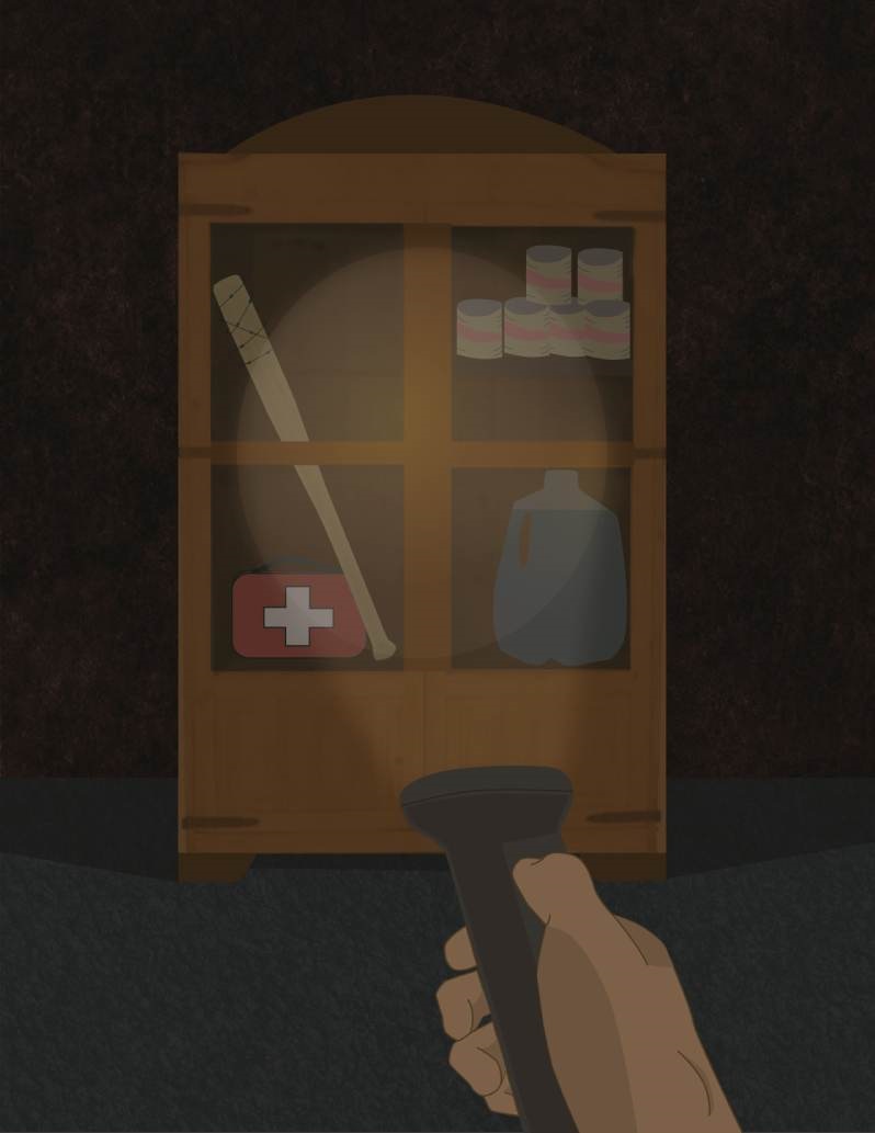 Artist depiction of flashlight shining on medical supplies. 