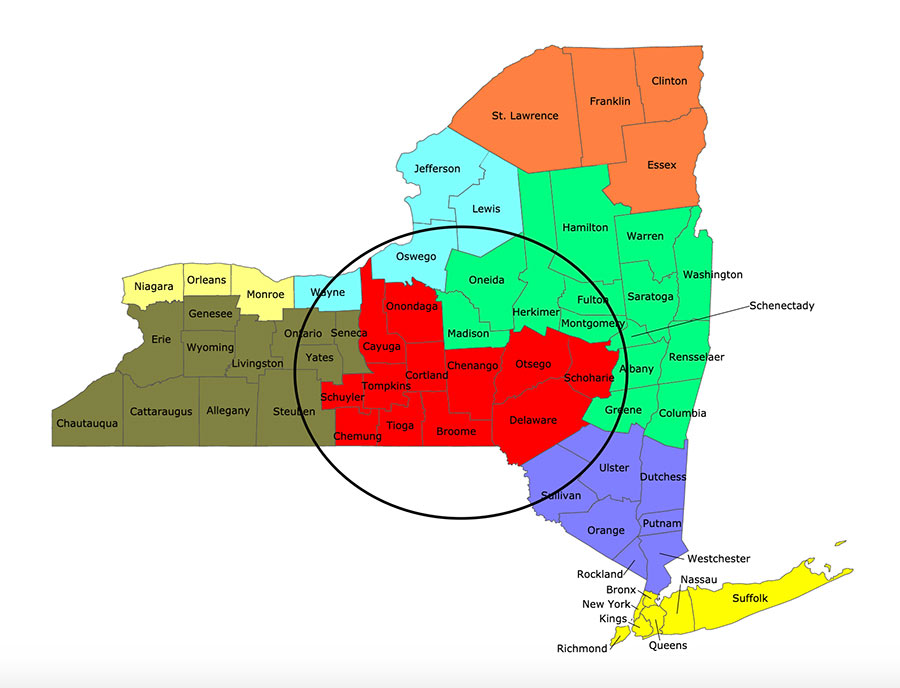 Map of NYS showing counties that Cortland METS serves