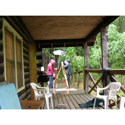 Students surveying near the deck - rain or shine!