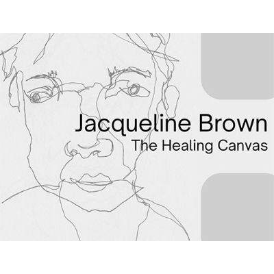 Jacqueline Brown, “The Healing Canvas,” exhibition postcard featuring 2025 self-portrait sketch