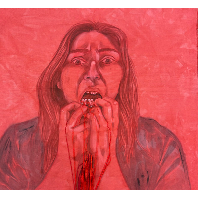  “Red Nightmares (teeth falling out),” 2025, acrylic-on-canvas