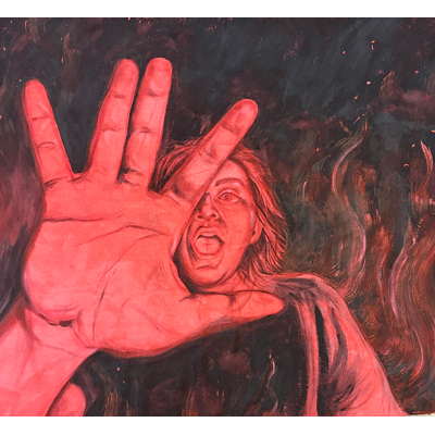 “Red Nightmares (burning),” 2025, acrylic-on-canvas