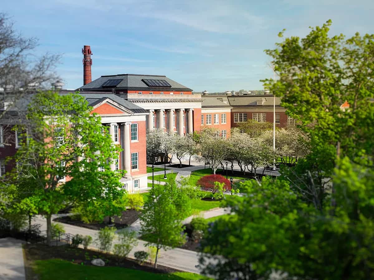 Wide shot of Old Main pictured on a spring day