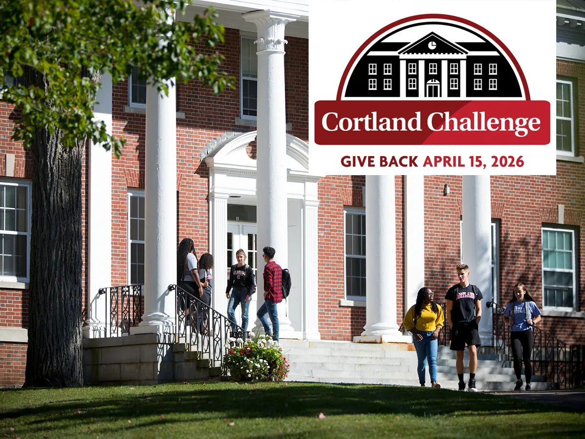 Students on the steps of Brockway Hall with a Cortland Challeng graphic - give back April 15, 2026