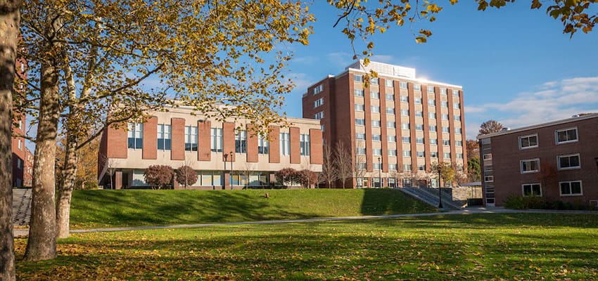 View of Higgins Hall from the lower quad