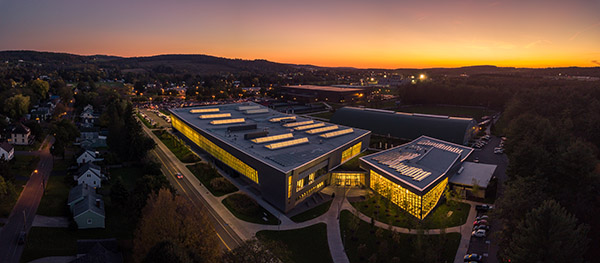 Aerial shot in the evening of the Student Life Center