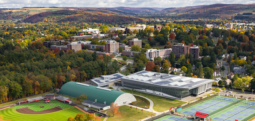 Aerial view of campus looking at the Student Life Center and Lusk Field House