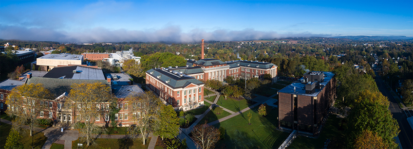 Aerial view of upper campus, including Old Main and Moffett Center