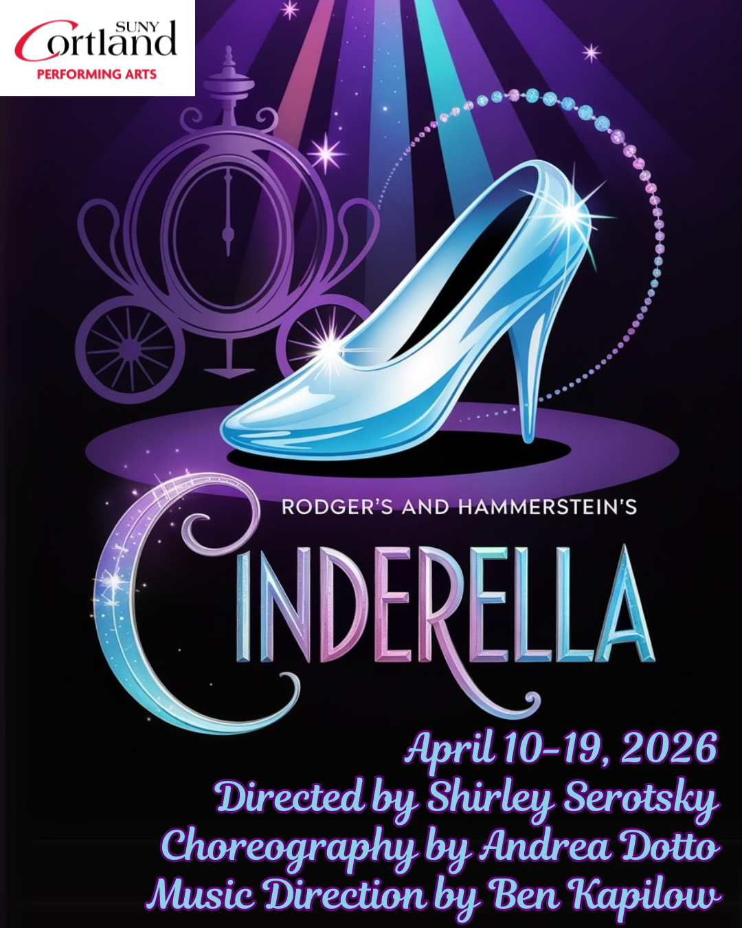A glass slipper and a carriage above the title 