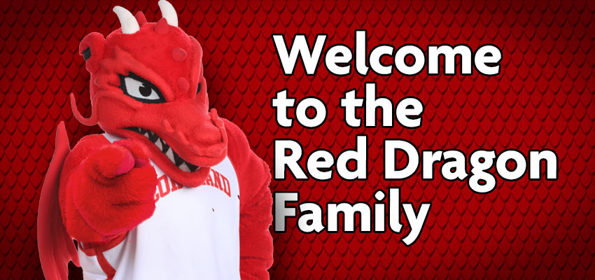 Blaze the red dragon mascot with message: Welcome to the Red Dragon Family