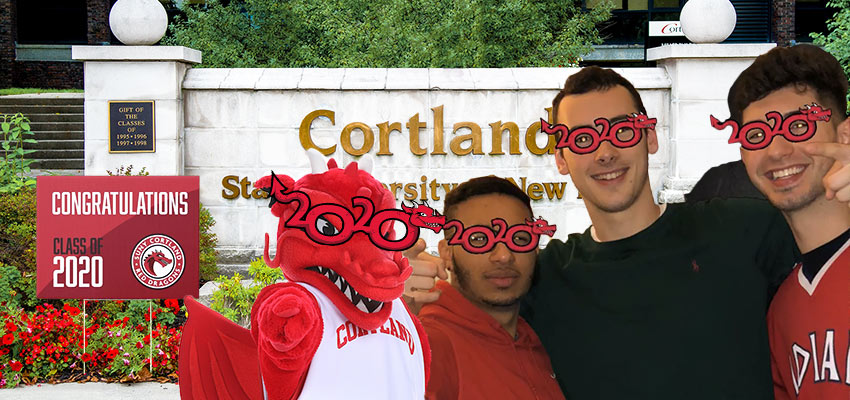 Students wearing 2020 gif glasses with Blaze in front of Miller Building sign with a Congratulations Class of 2020 lawn sign