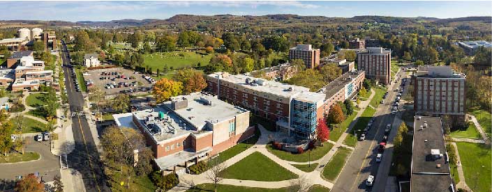 Aerial view of residence halls and Prospect Terrace