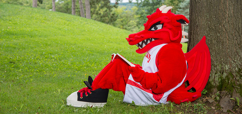 Blaze sitting outside under a tree, reading a book