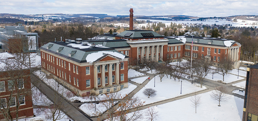 Aerial of Old Main in the winter