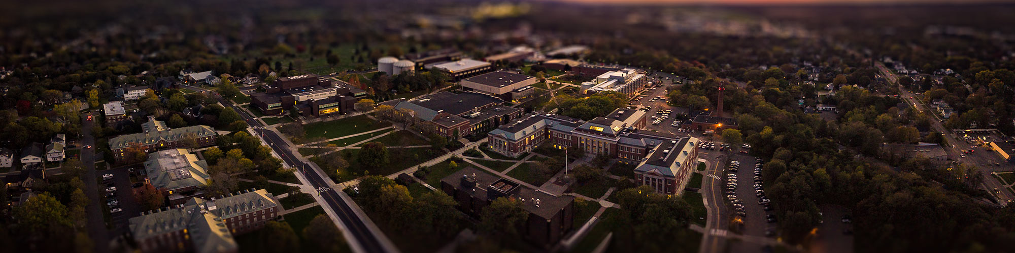 Aerial shot of campus at dusk