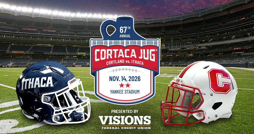 Ithaca and Cortland football helmets with 2026 Cortaca Jug logo in the middle, with Yankee Stadium football field in the evening in the background