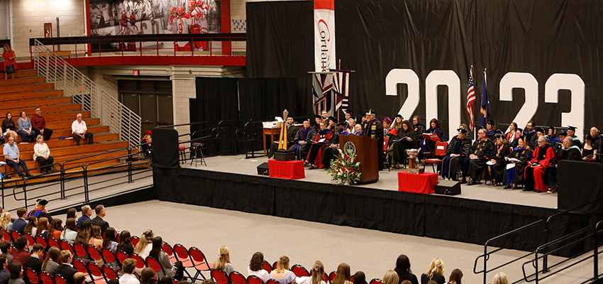 Honors Convocation stage set-up at 2023 event in Park Center Alumni Arena