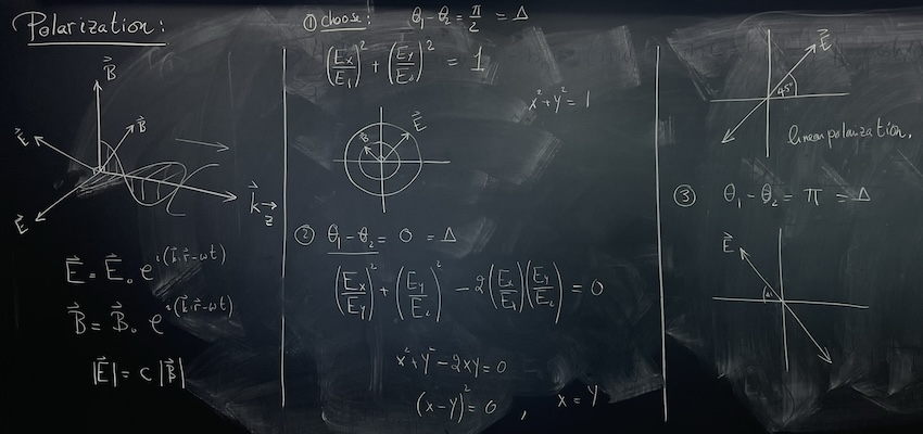 image of a chalkboard with drawings and equations describing electromagnetic wave propagation