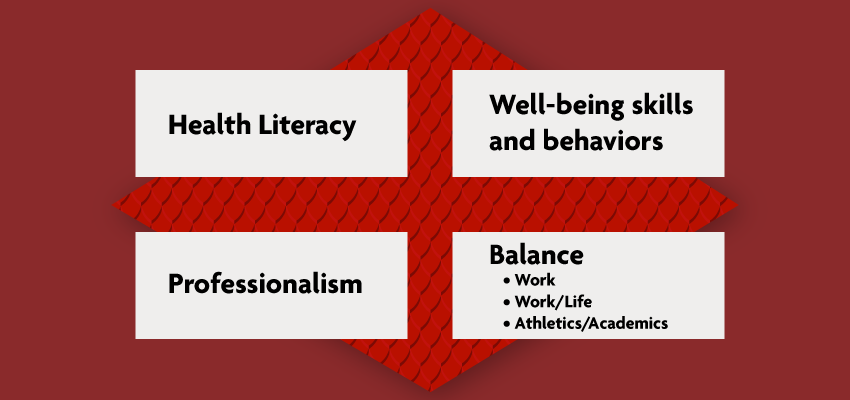 Schematic showing Health Literacy, Professionalism, Well-being skills and behaviors, and Balance: work, work/life, athletics/academics