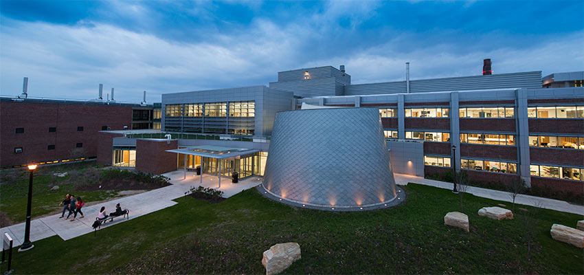 Front of Bowers Hall at dusk