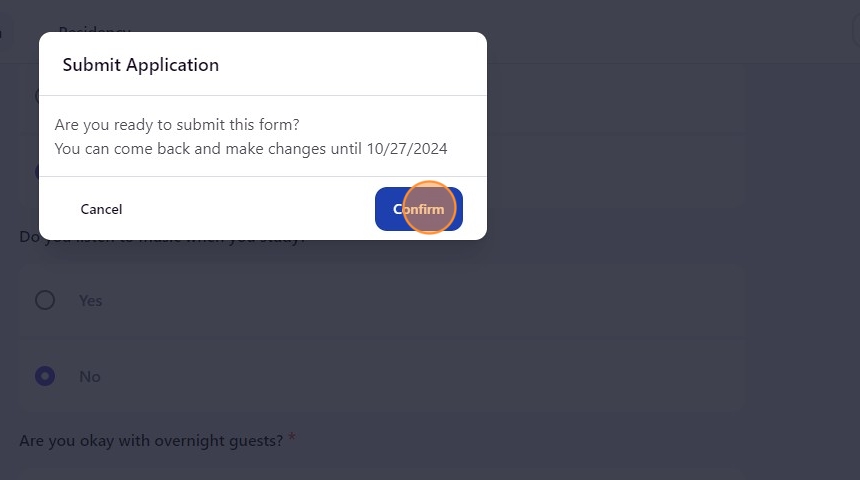 An image showing you where to click confirm in the housing portal. 