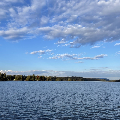 Lake scene with tree-lined shoreline and a blue sky with scattered clouds.