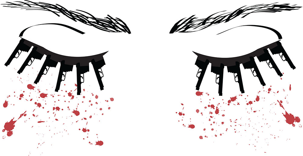 Artistic depiction of eyes with guns as eyelashes and red splatter below