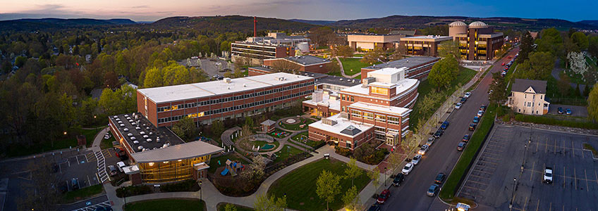 Aerial view of campus at sunset