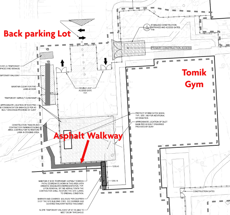Map of Tomik Gym parking lot and walkway access
