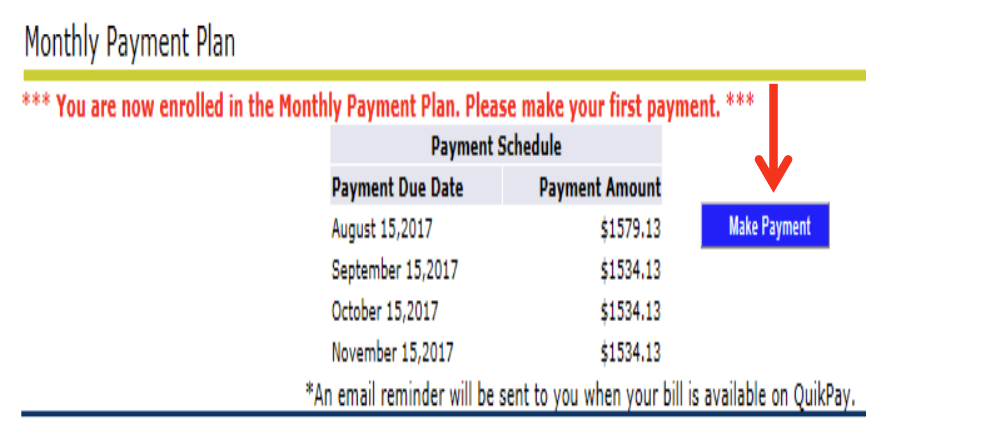 Screenshot of Monthly Payment Plan page with an arrow pointing to "Make Payment" button