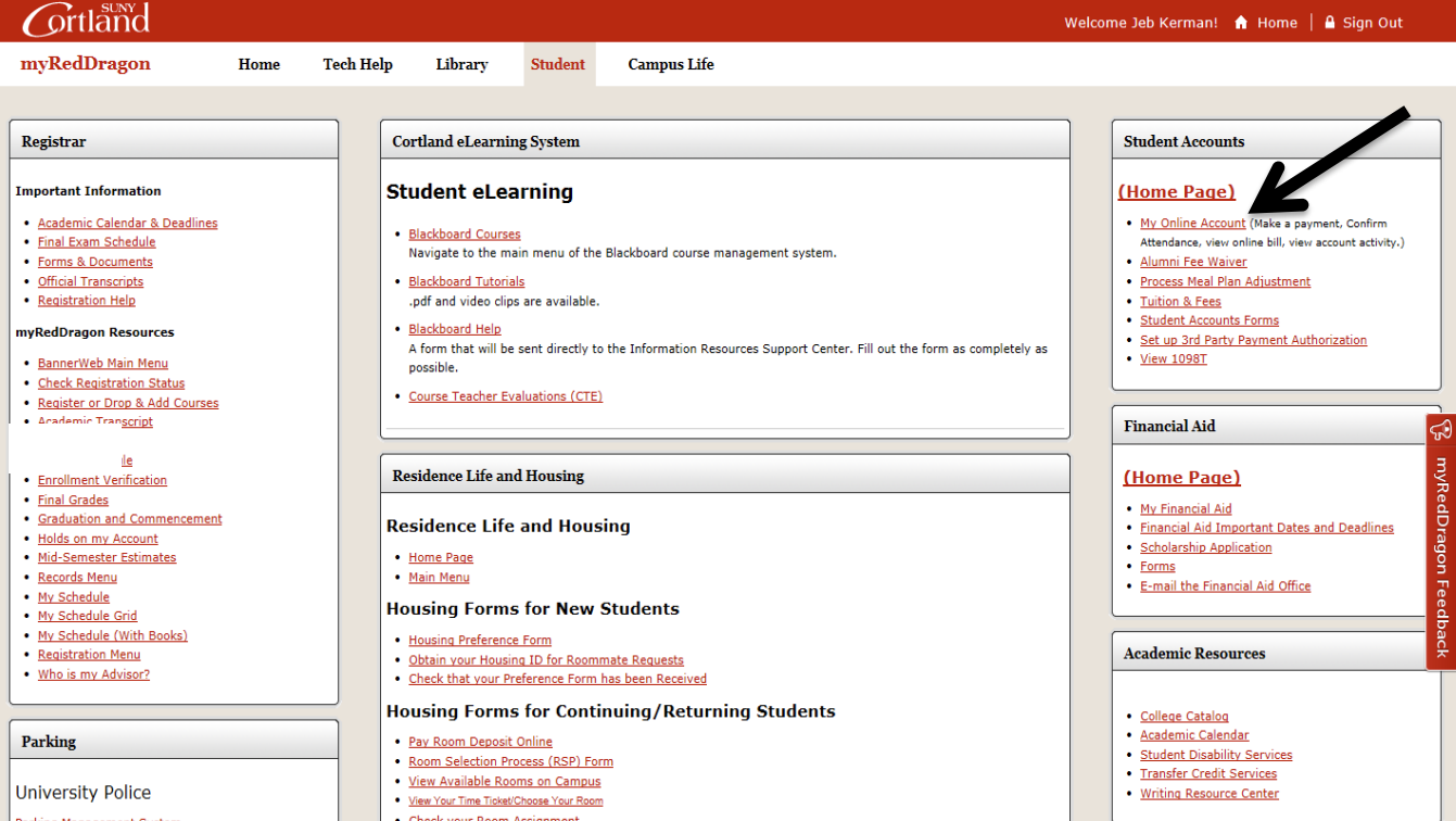 Screenshot of the Student Dashboard with an arrow pointing to the "My Online Account" link