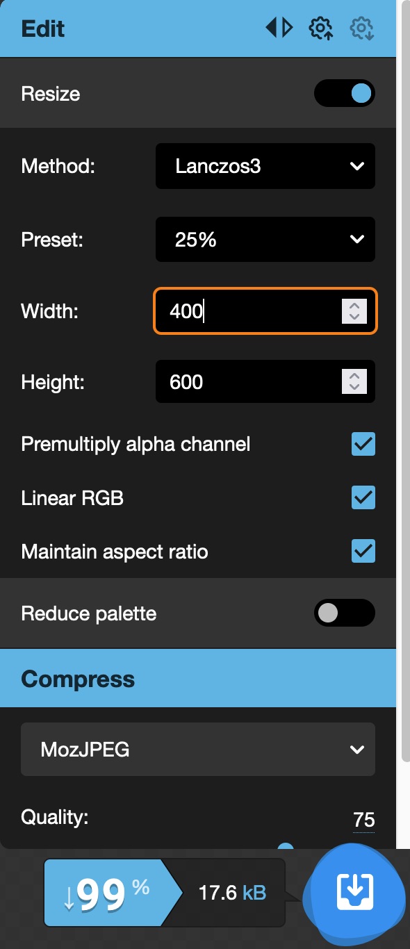 Screenshot of Squoosh settings used to resize image width